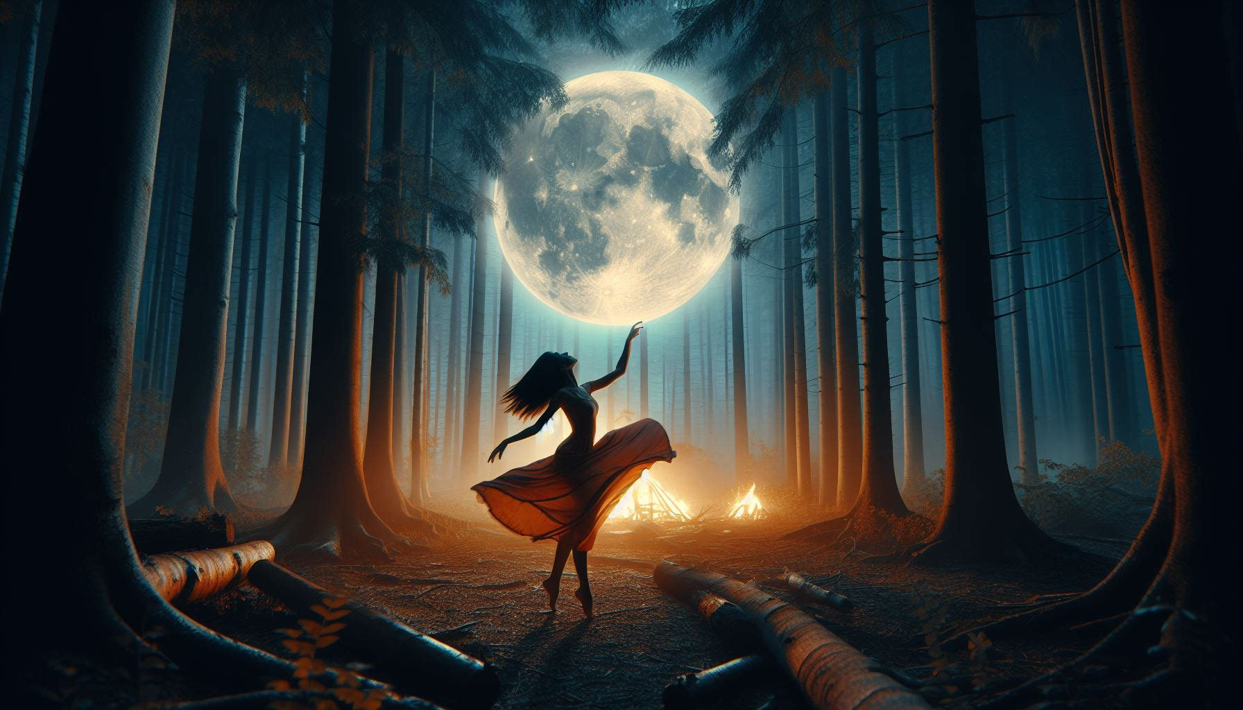 Silhouette of a woman dancing in front of a photo-realistic moon much larger than her