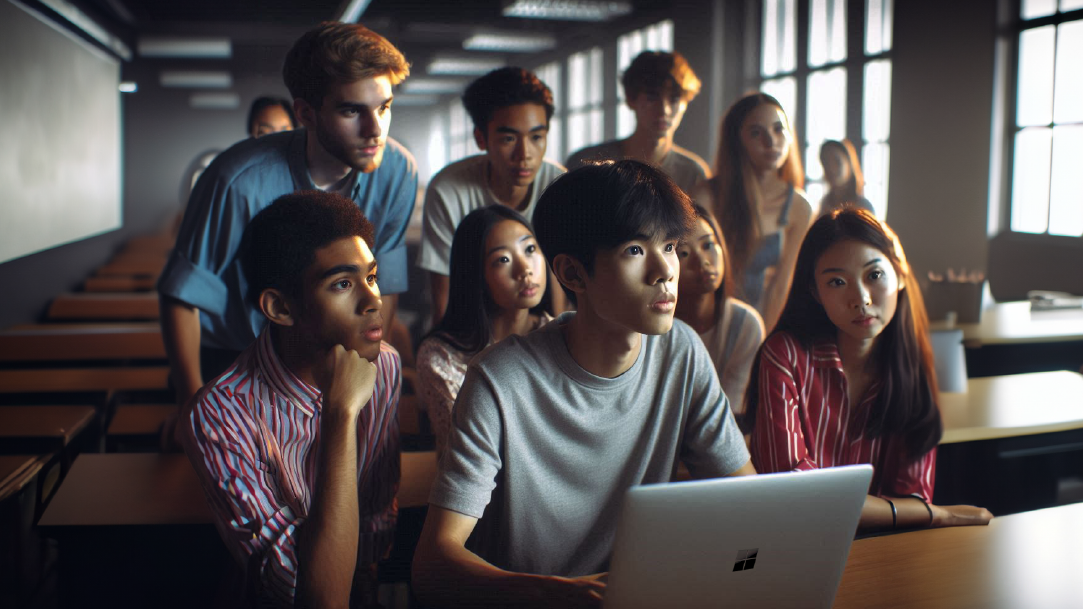 Students gathered around classroom desks