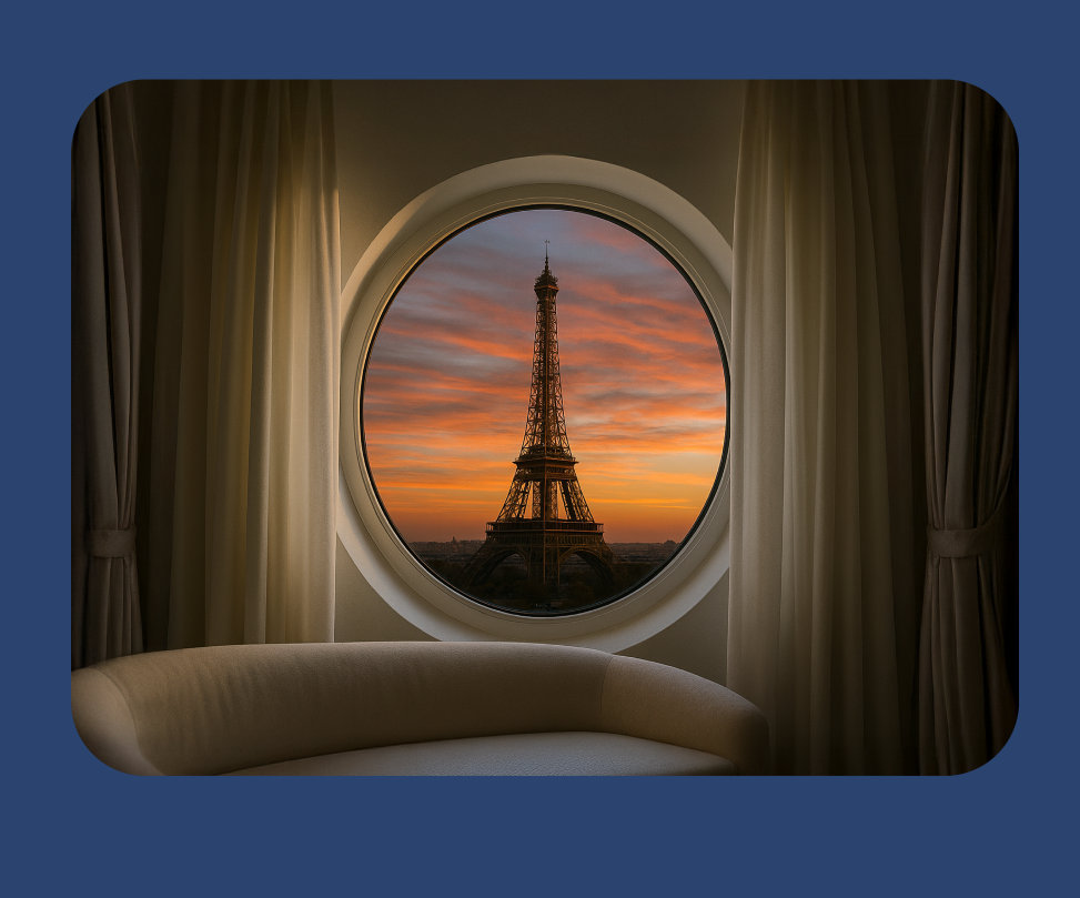 Suite view of the Eiffel Tower from a chic hotel in Paris