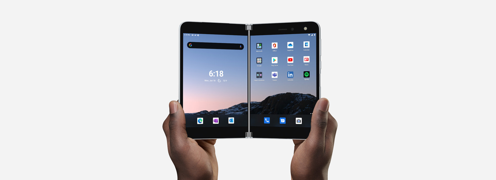 Surface Duo avattuna kaksi näyttöä näkyvissä