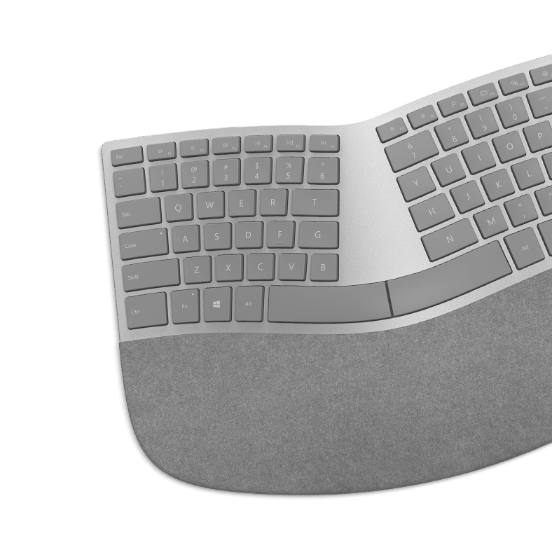 يتم عرض لوحة مفاتيح Surface Ergo Keyboard باللون البلاتيني من نصفها الأيمن.