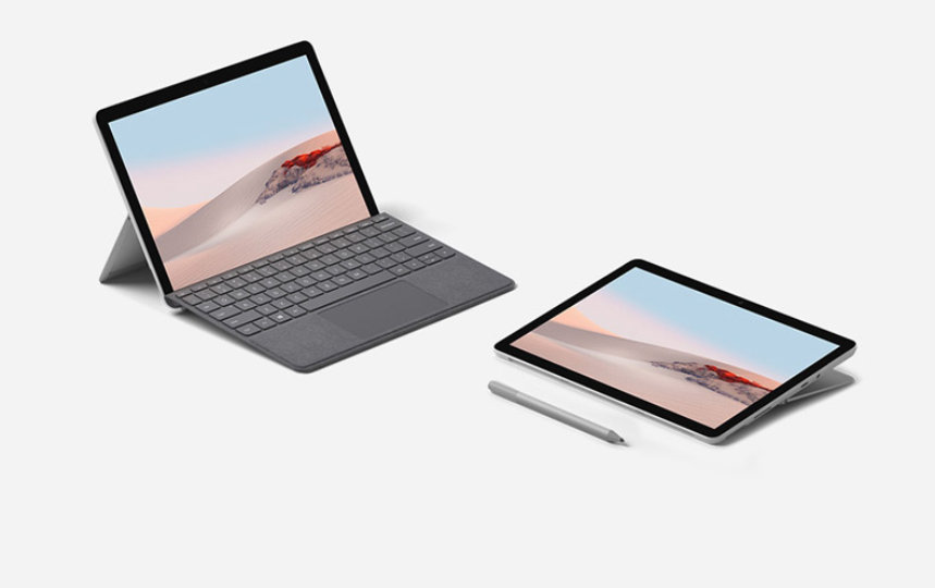 Surface Go 2 採用膝上型電腦模式並配備白金色 Surface Go Signature 實體鍵盤保護蓋，以及採用工作室模式的款式與 Surface 手寫筆