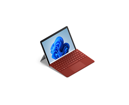 Surface Go 3 i trekvartsvy med stödet öppet och en type cover.