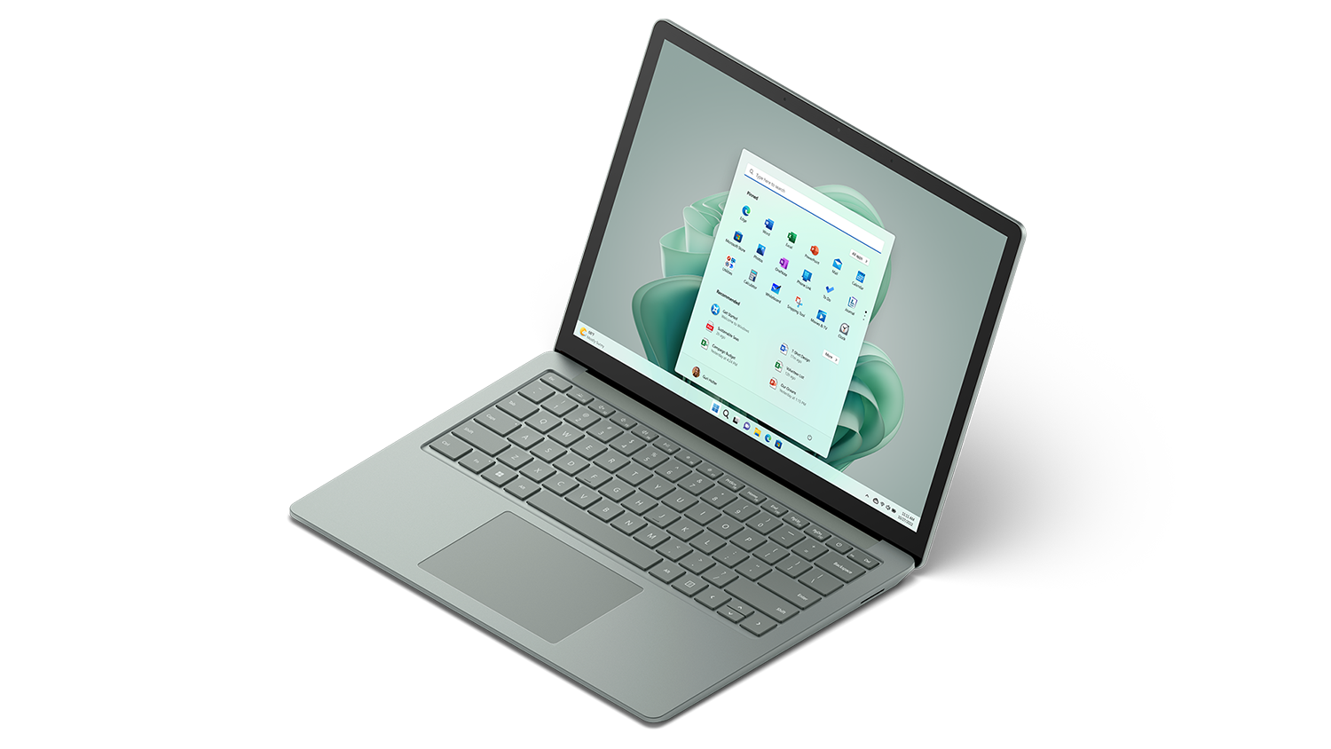 13.5” Surface Laptop 5 shown from the front in sage with a matching sage blossom on the Windows 11 start screen.
