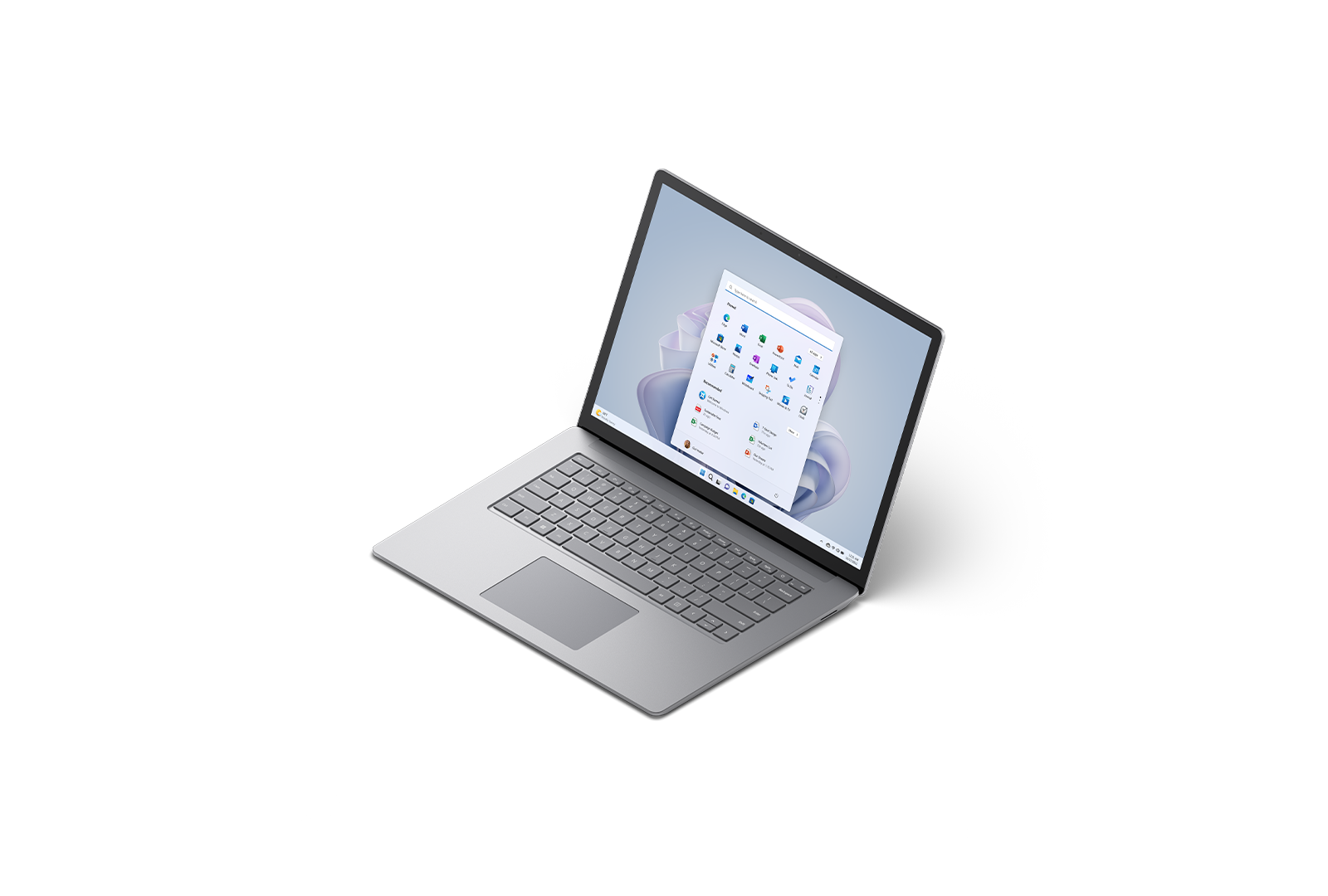 Surface Laptop 5 en version 15 pouces couleur Platine : vue légèrement du dessus et vu de 3/4.