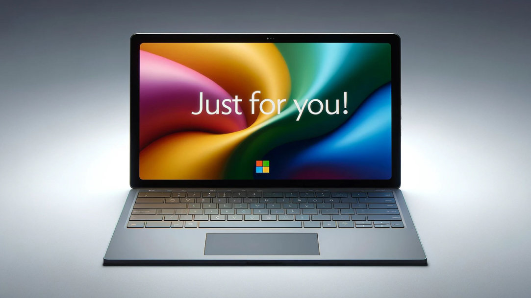 Surface Laptop 5 with colorful background showing the message, “Just for you!”