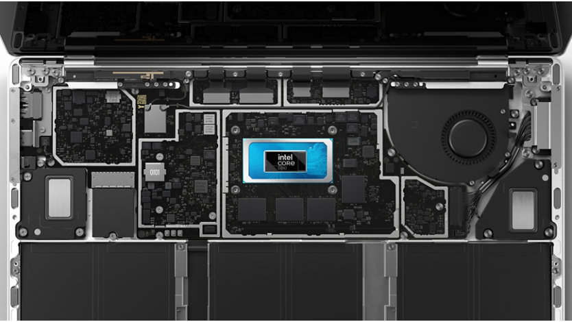 Composição a preto e branco dos componentes interiores do Surface Laptop 6