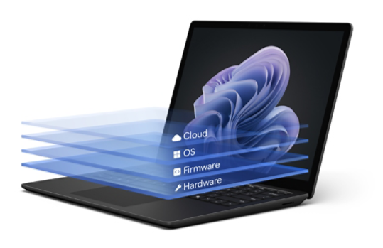 Render of Surface Laptop 6 with graphics highlighting the levels of security within the device