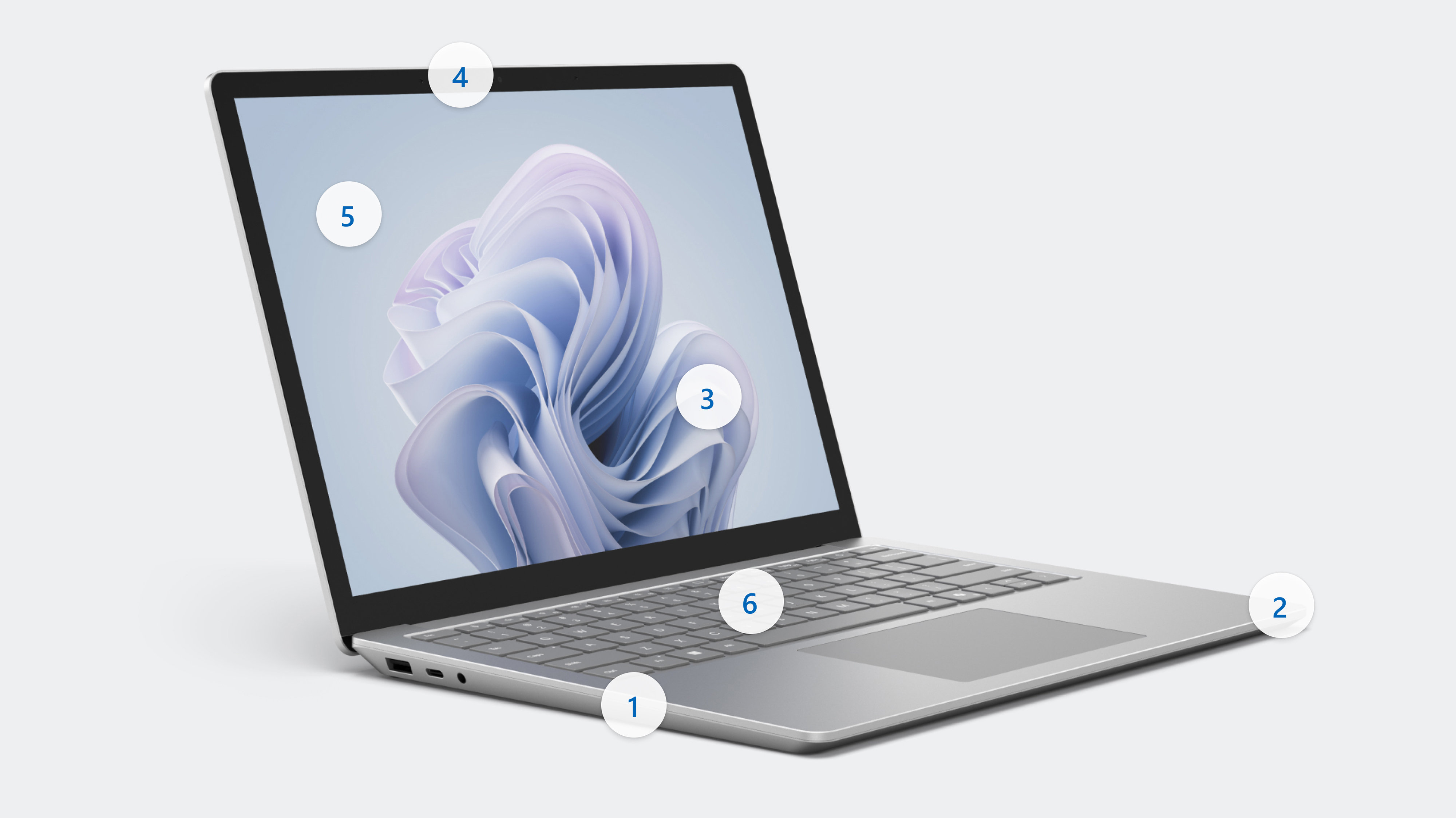Wygenerowany cyfrowo obraz laptopa Surface Laptop 6 wyświetlającego hotspoty od 1 do 6