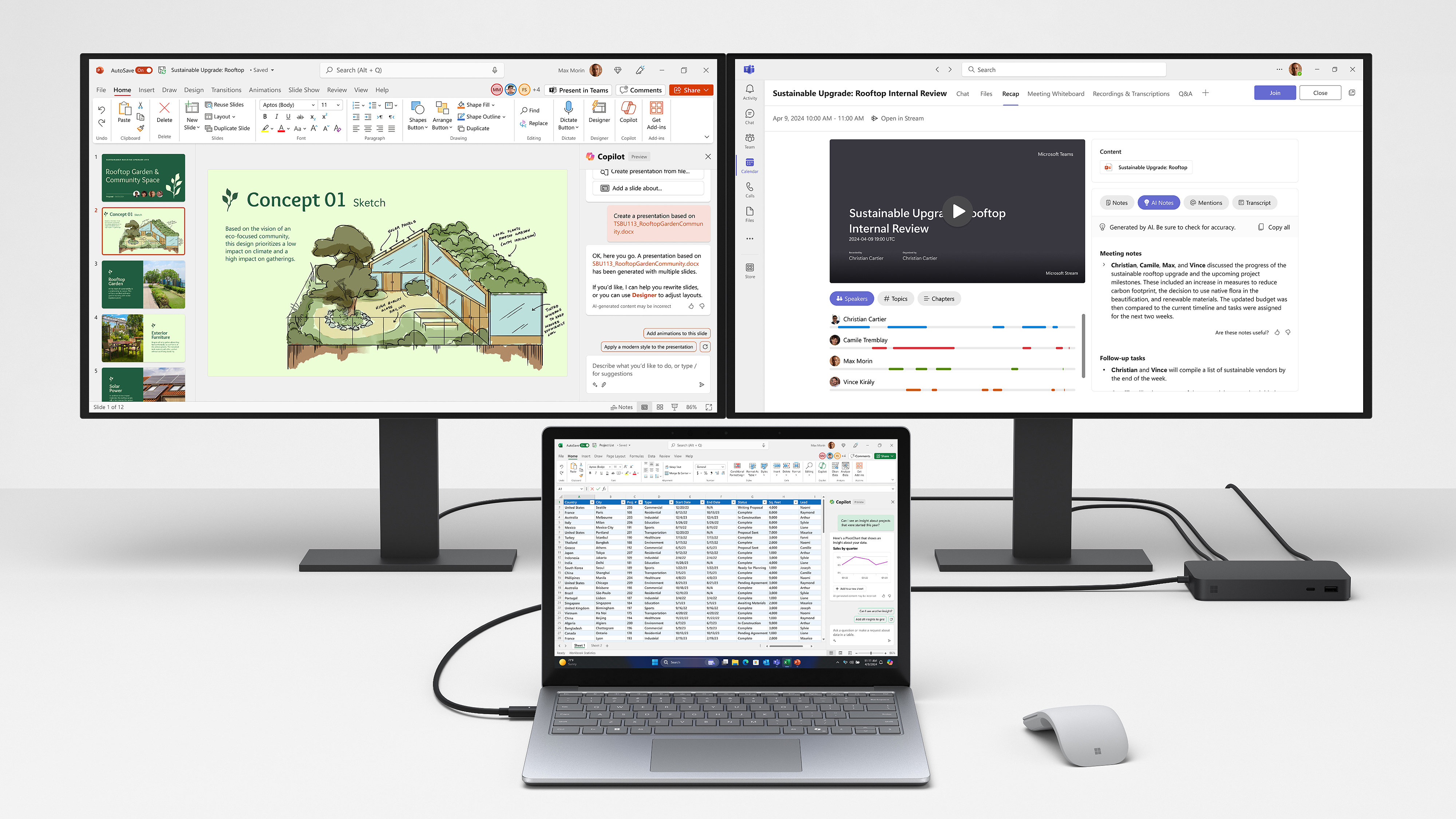 兩個連接到 Surface Laptop 6 的螢幕顯示 Office 365 應用程式