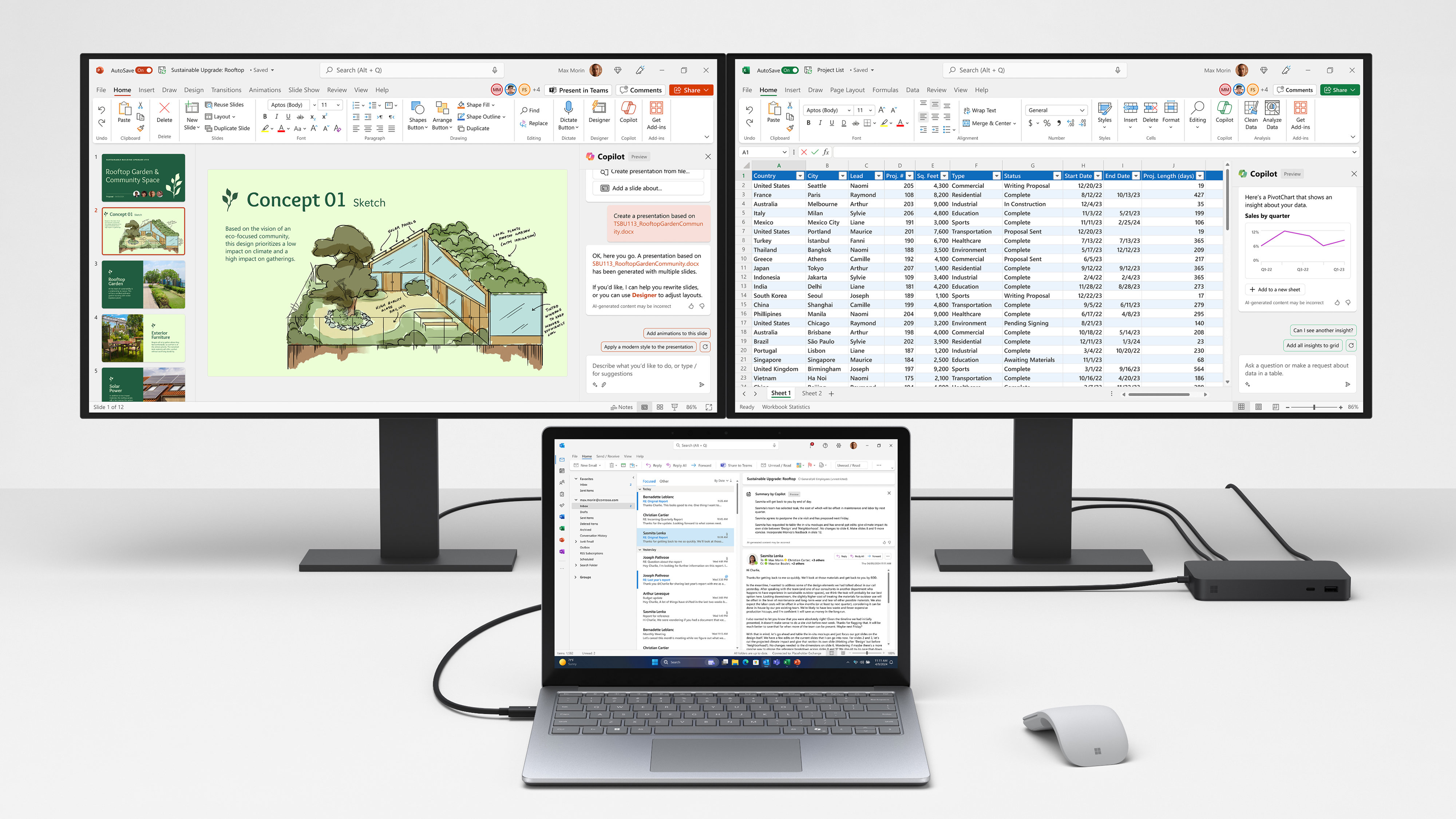 Dos monitores conectados a Surface Laptop 6 mostrando aplicaciones de Office 365