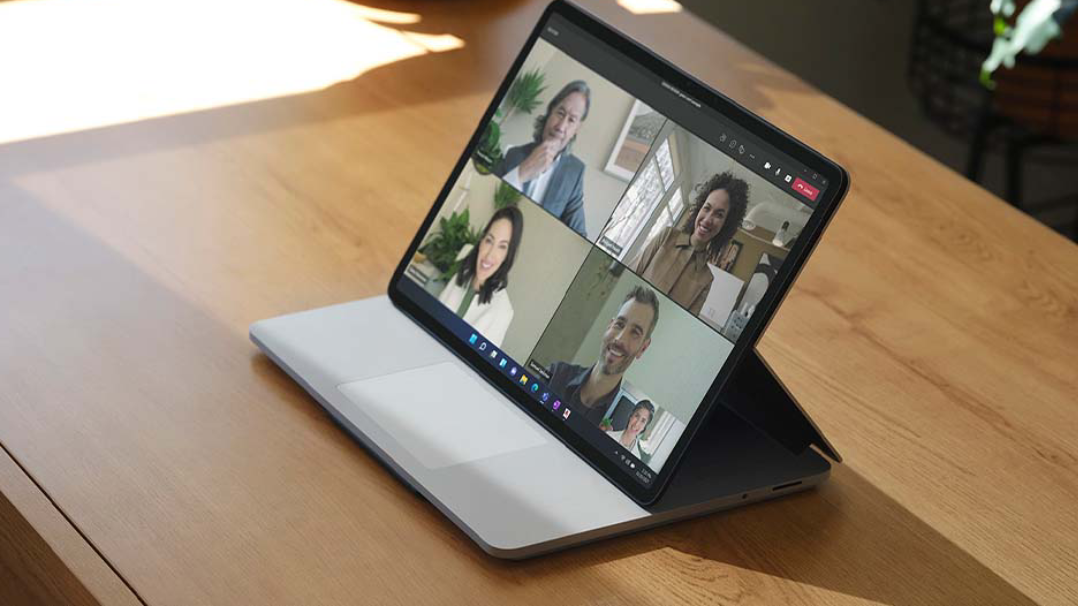 Surface Laptop Studio in Stage Mode with Microsoft Teams on screen