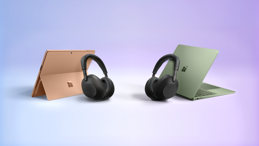 Surface Laptop and Surface Pro with Sony WH-1000XM6 headphones