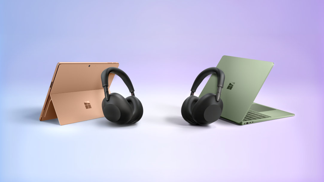 Surface Laptop and Surface Pro with Sony WH-1000XM6 headphones