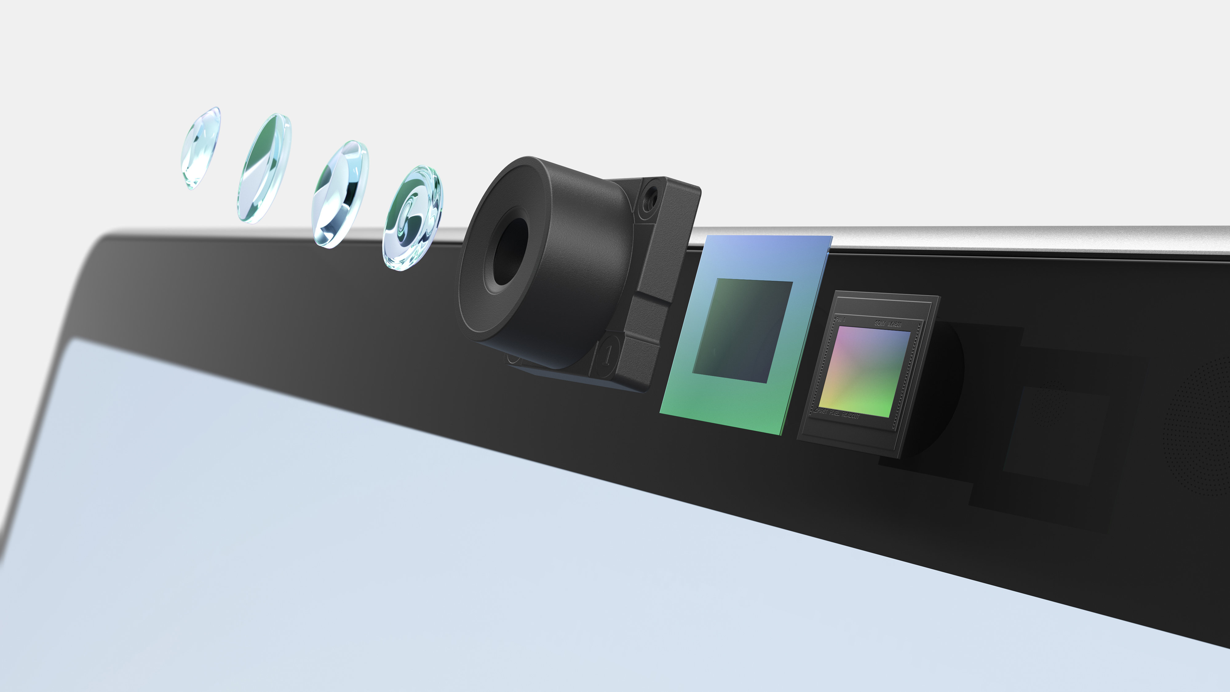 Composição em vista expandida das peças da câmara integrada do Surface Pro 10