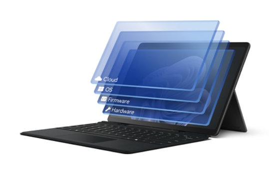 Render of Surface Pro 10 with a graphic detailing the multiple layers of security