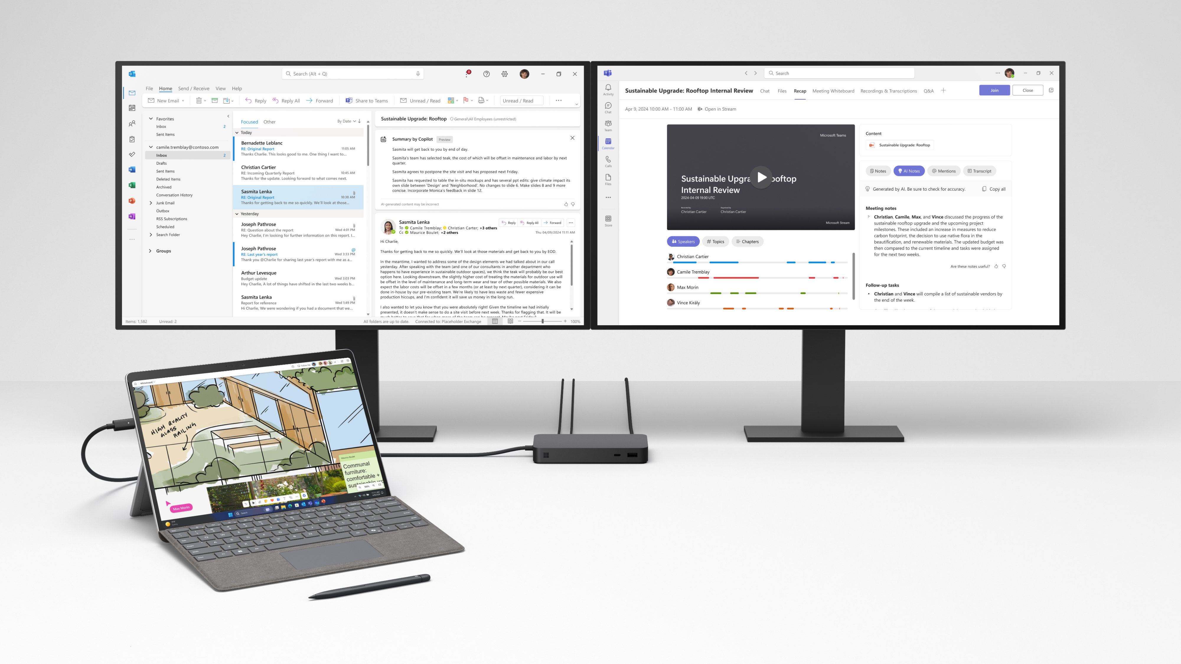 Rendr zařízení Surface Pro 10 připojeného ke 2 monitorům zobrazujícím aplikace Microsoft 365