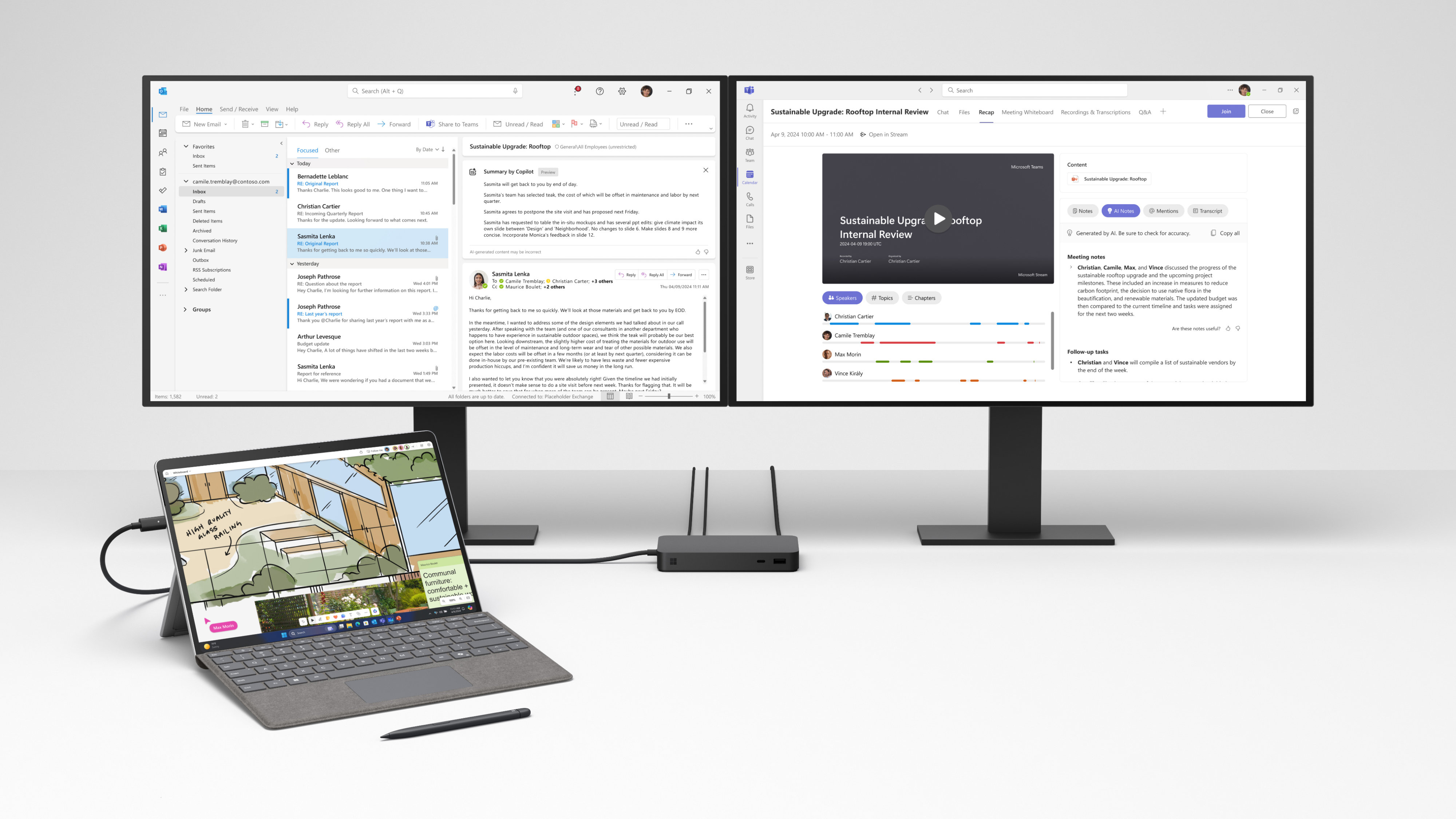 Microsoft 365 애플리케이션이 표시된 모니터 두 대에 연결된 Surface Pro 10의 렌더링