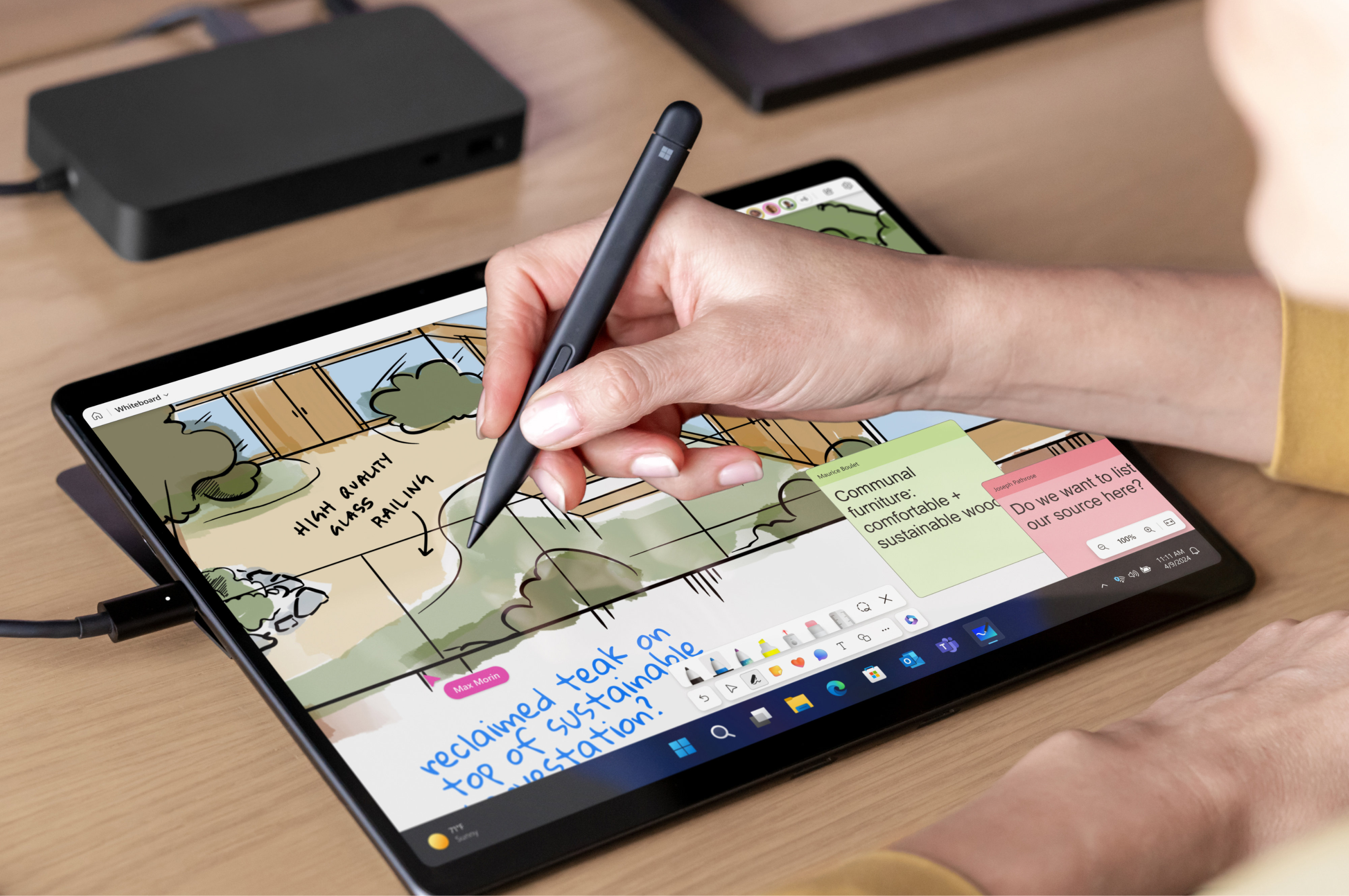 Wygenerowany cyfrowo obraz urządzenia Surface Pro 10 w trybie tabletu używanego z piórem Surface