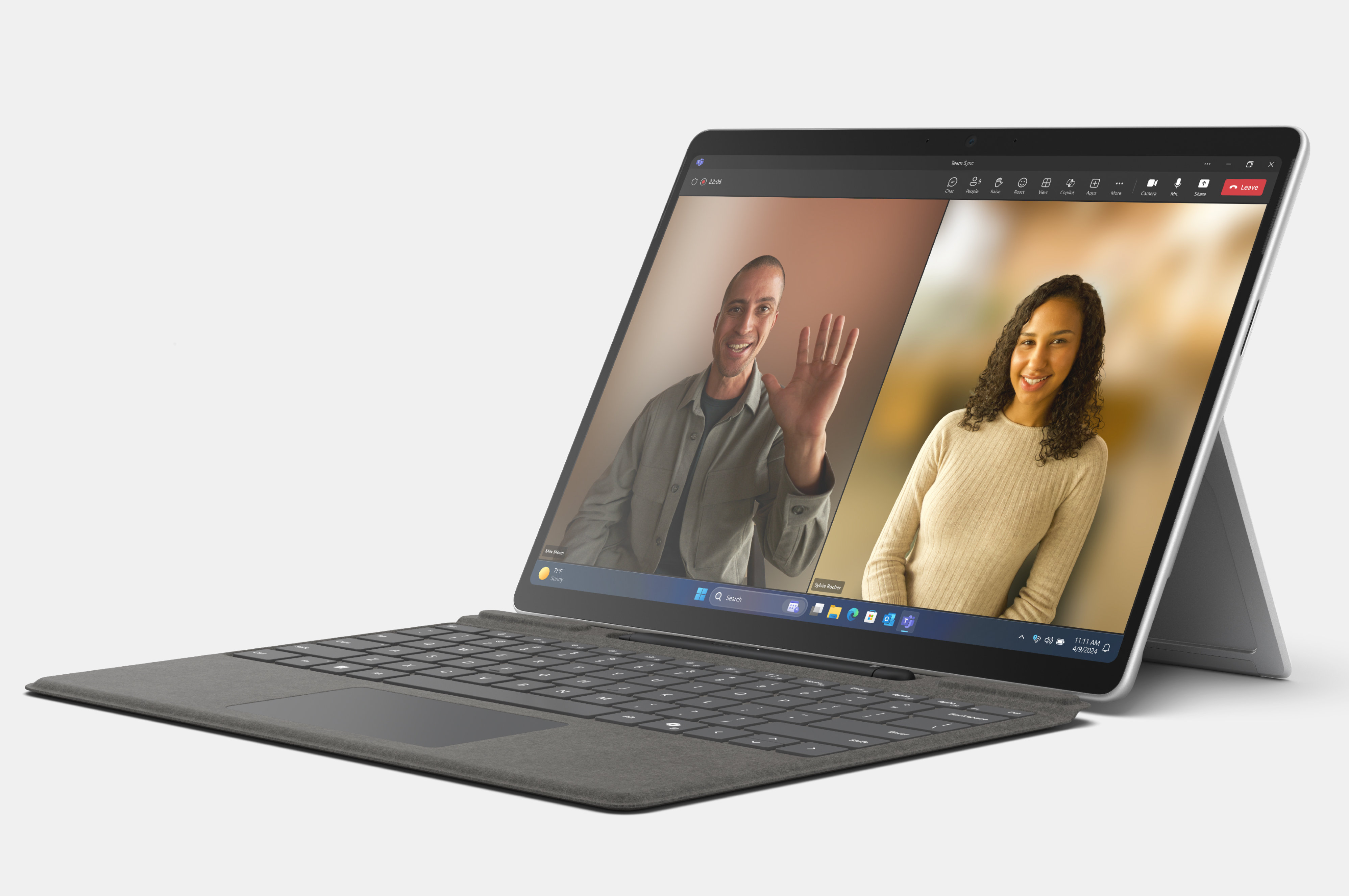 Wygenerowany cyfrowo obraz urządzenia Surface Pro 10 otwartego w trybie komputera przenośnego