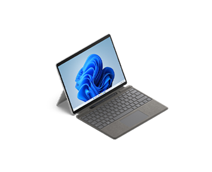 Surface Pro 8 shown from three quarter view with kickstand extended and type cover.