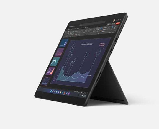 Render of Surface Pro 8 with screen highlighting battery life