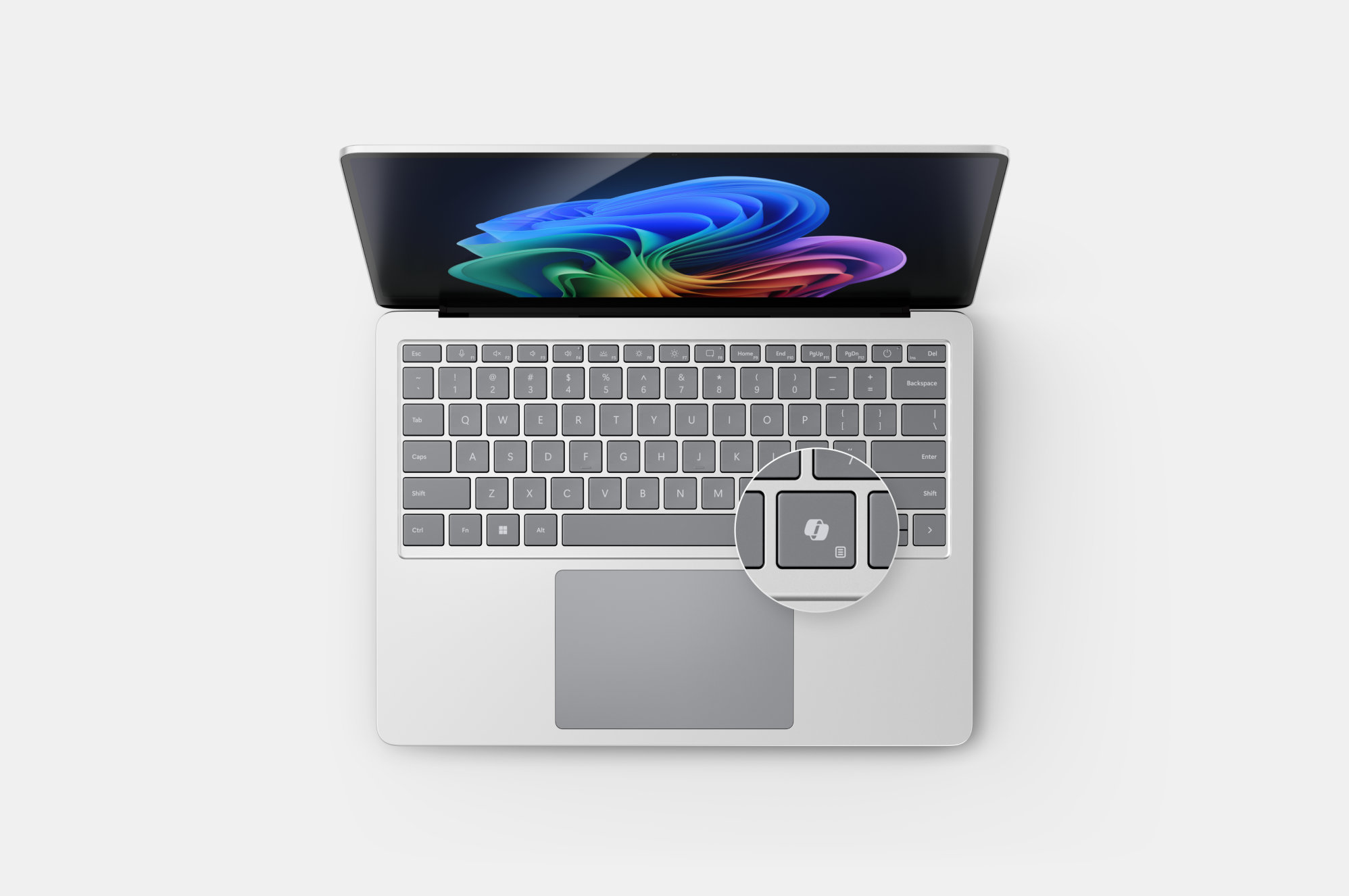 Felülnézeti kép a Surface Laptopról, kiemelve a Copilot billentyűt.
