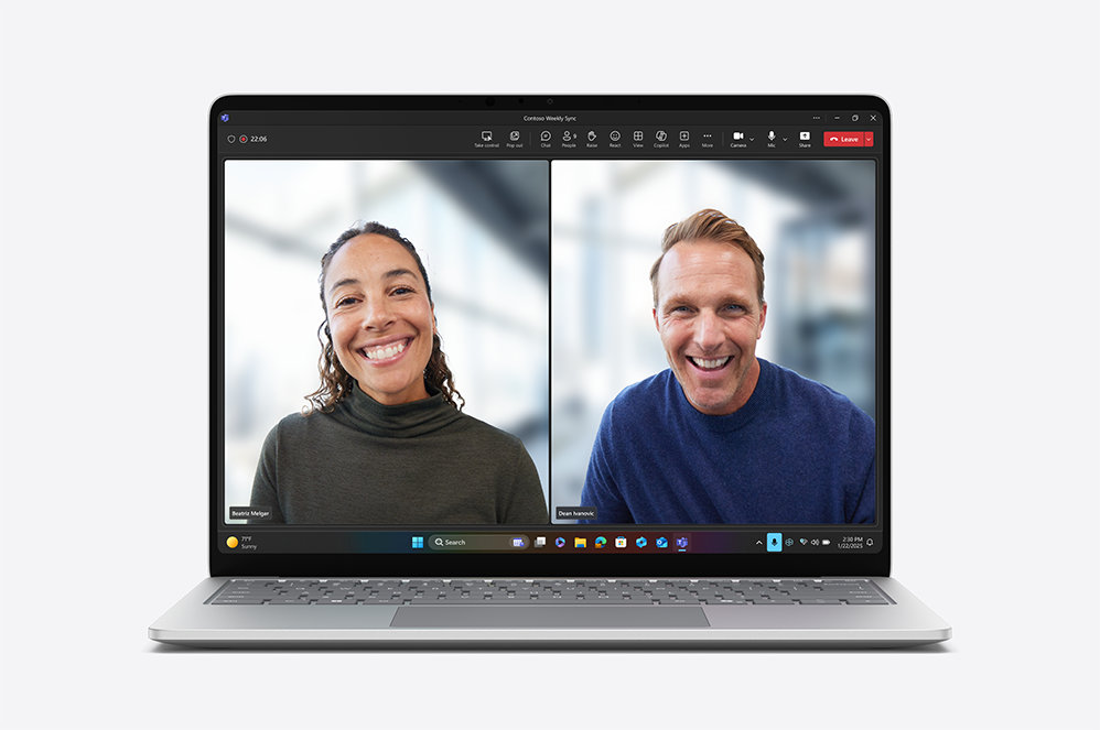 Surface Laptop front facing screen showing benefits of AI-powered video calls