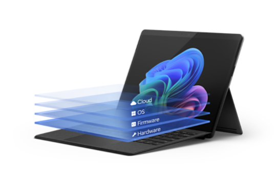 O imagine stratificată a dispozitivului Surface Pro, care prezintă protecția și securitatea integrate în dispozitiv