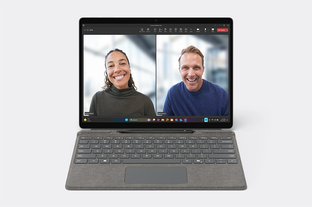 Surface device front facing screen showing benefits of AI-powered video calls