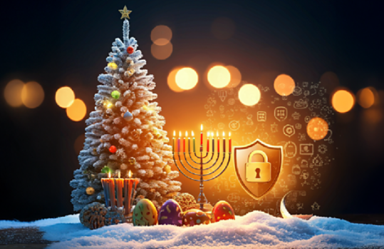 Symbols of holidays around the world, along with a symbol of a shield and lock to represent protection from cyber threats