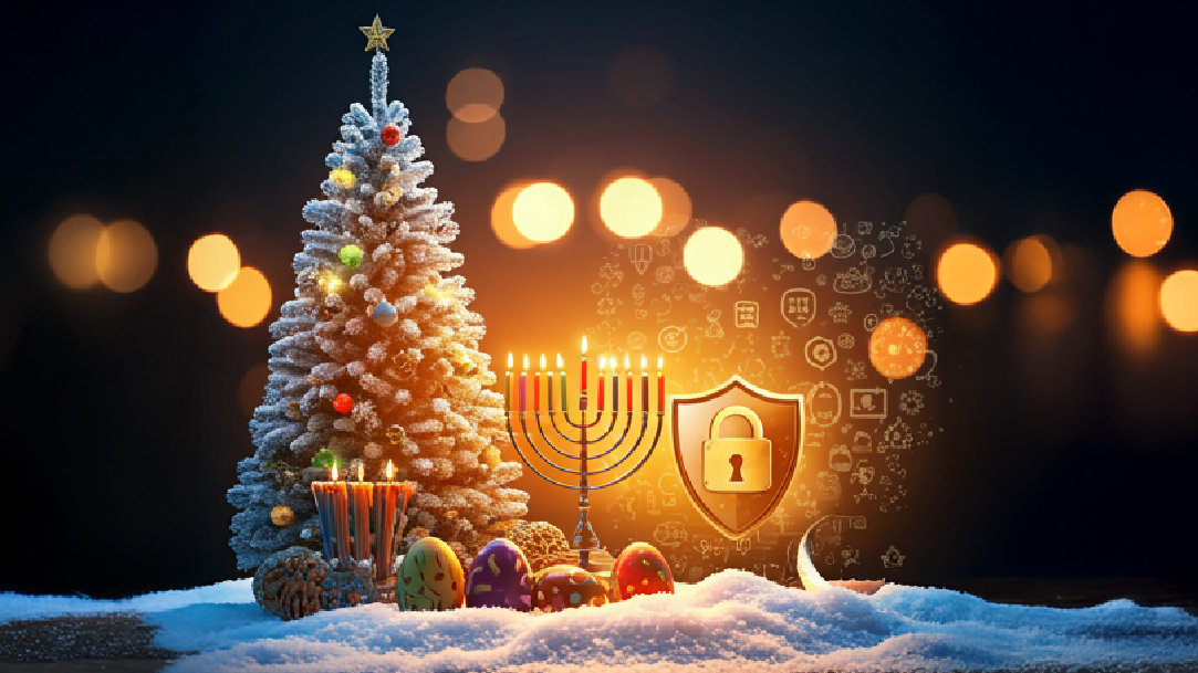 Symbols of holidays around the world, along with a symbol of a shield and lock to represent protection from cyber threats