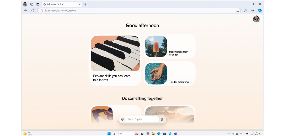 Talk to Copilot chat window with piano keys, and popsicle, and a hand in water