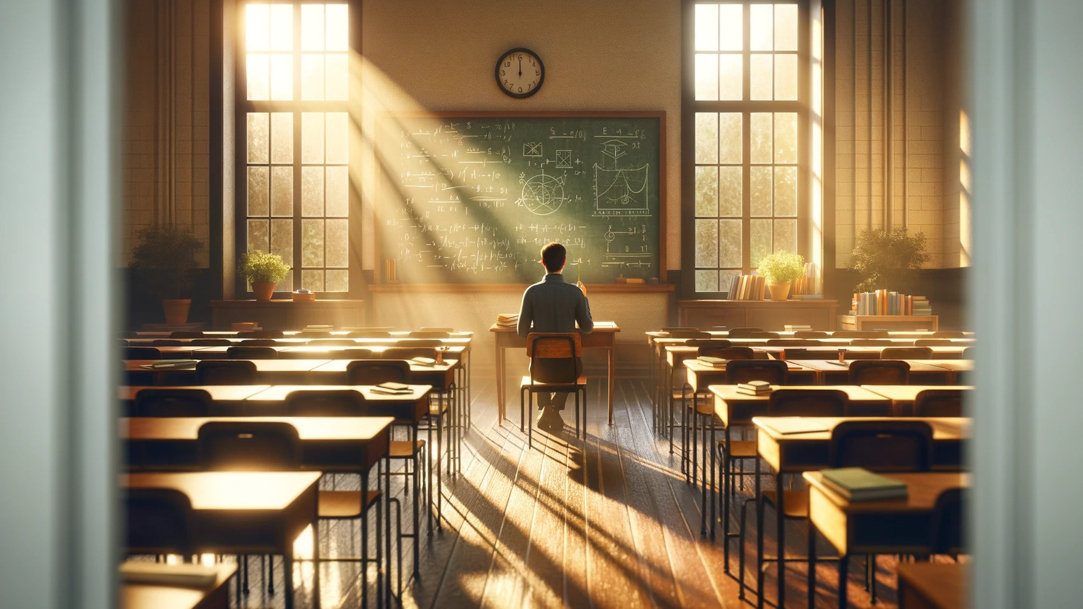 Teacher sitting at the front of a classroom looking at the chalkboard