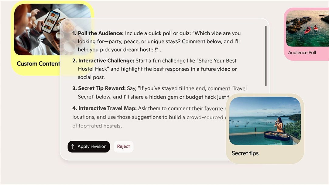 Text bubble listing suggestions for revisions layered over bubbles titled “Custom Content,” Audience Poll,” and “Secret Tips”