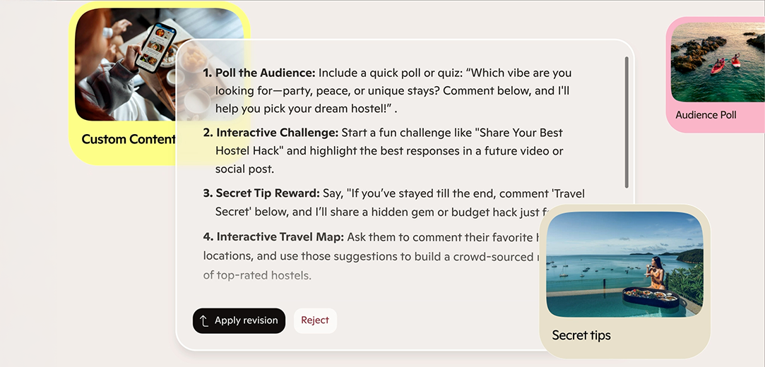 Text bubble listing suggestions for revisions layered over bubbles titled “Custom Content,” Audience Poll,” and “Secret Tips”