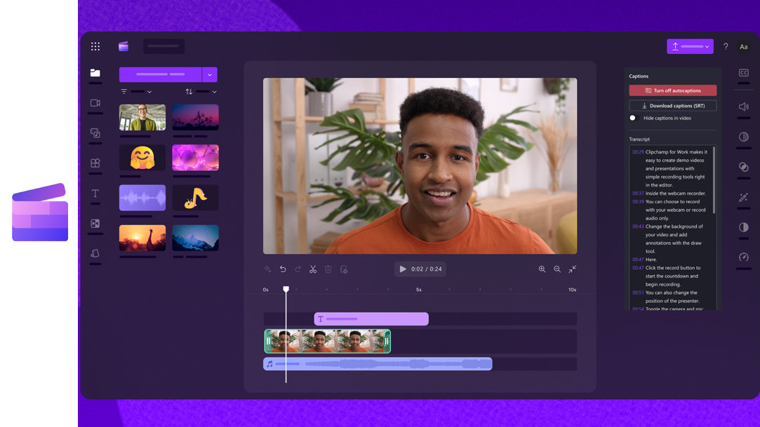 The Clipchamp app shows the autocaptions feature in editor view