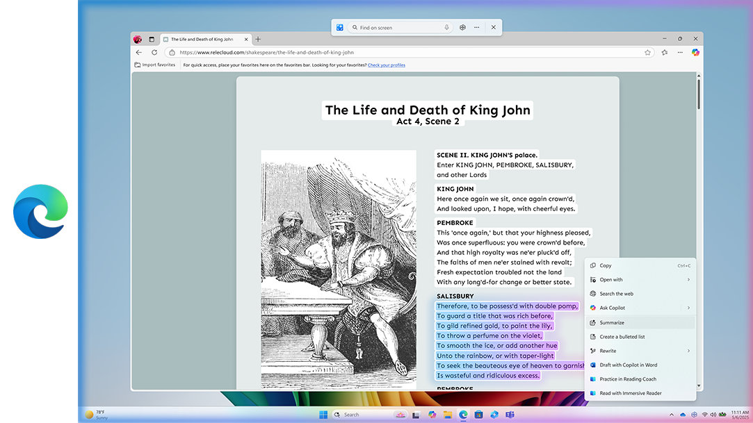 The Edge app with a menu that shows how to quickly summarize a paragraph