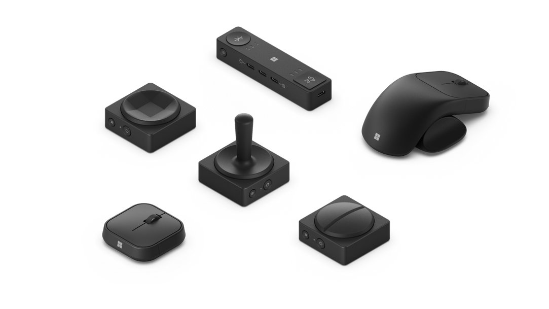 The Microsoft Adaptive Hub, Adaptive Buttons, and Adaptive Mouse Tail and Thumb Support in black