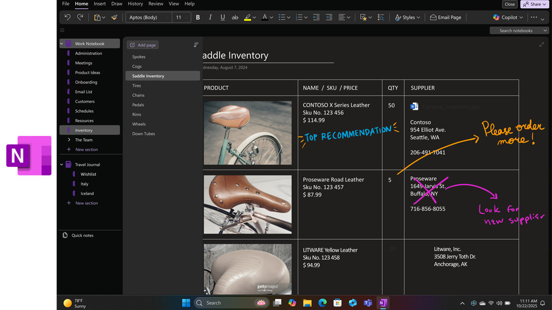 The OneNote app shows an annotated inventory work notebook page