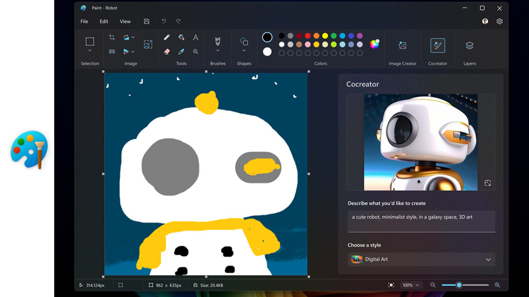 The Paint app shows how Cocreator generates images from rough drawings