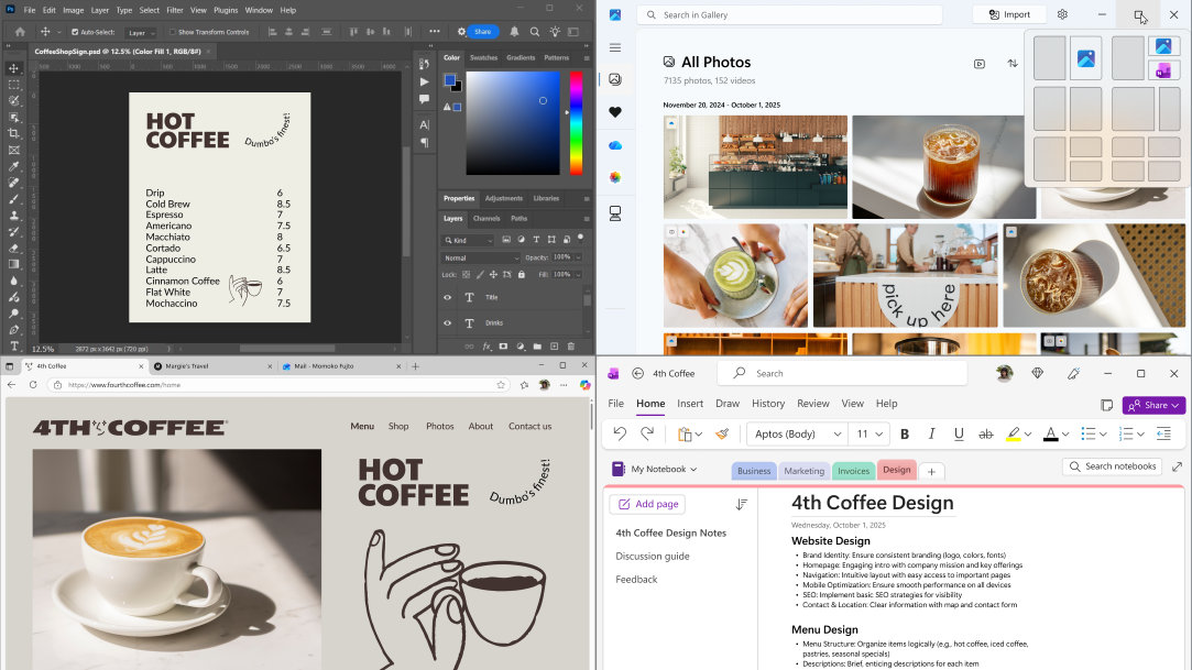 The Snap feature shows how easy it is to arrange windows into organized preset layouts