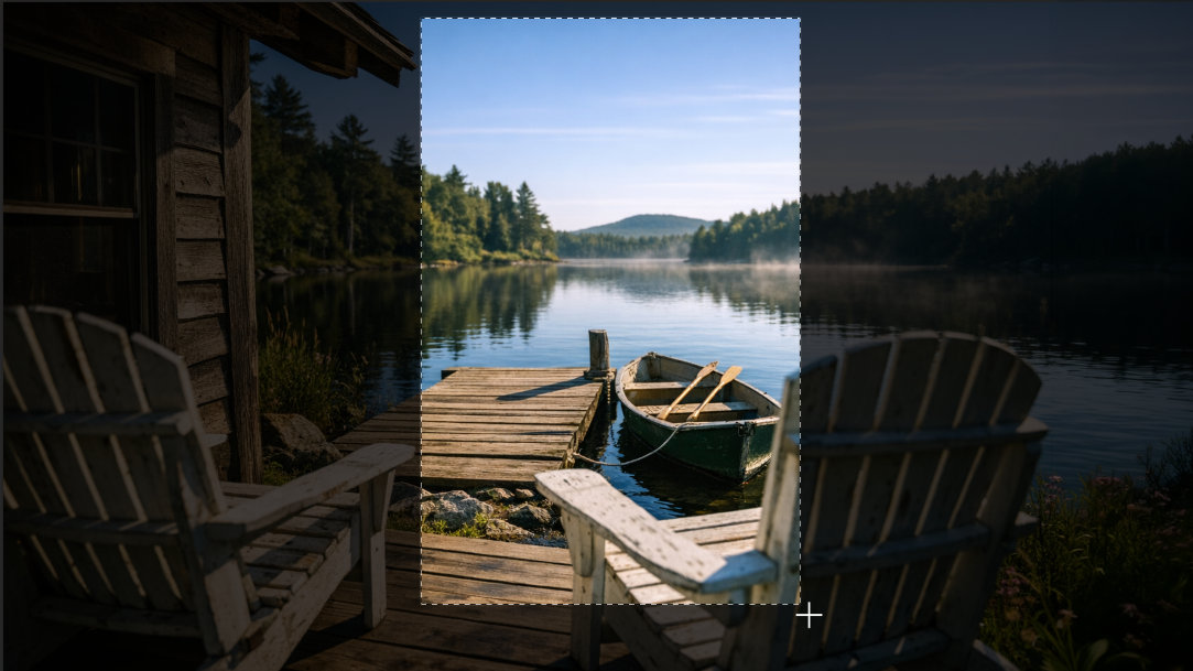 The Snipping tool is used to crop a vacation photo on a lake