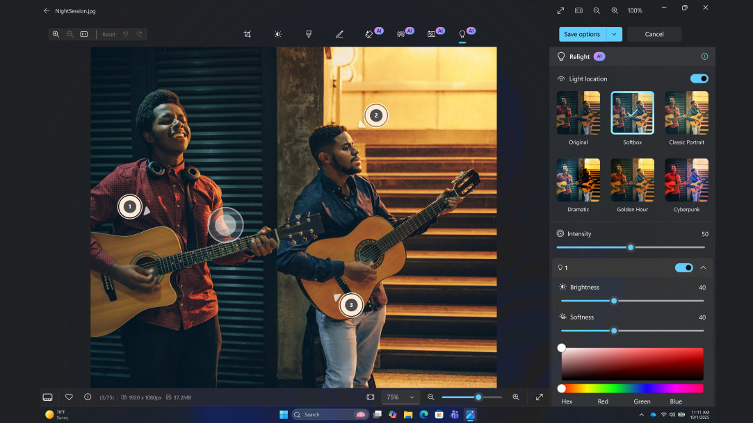 The relighting tool in action, showing how to create a Softbox feel to lighting an image
