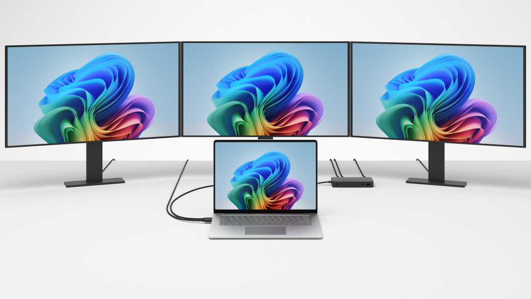 Three displays being utilized by Surface Laptop with a built-in Snapdragon processor