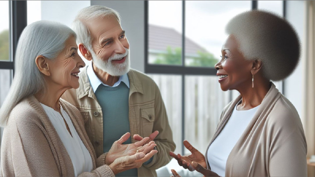 Three elderly people standing together and chatting