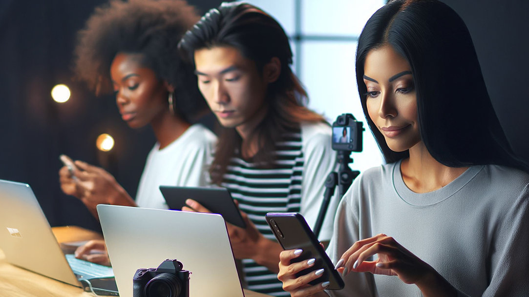 Three people using their devices