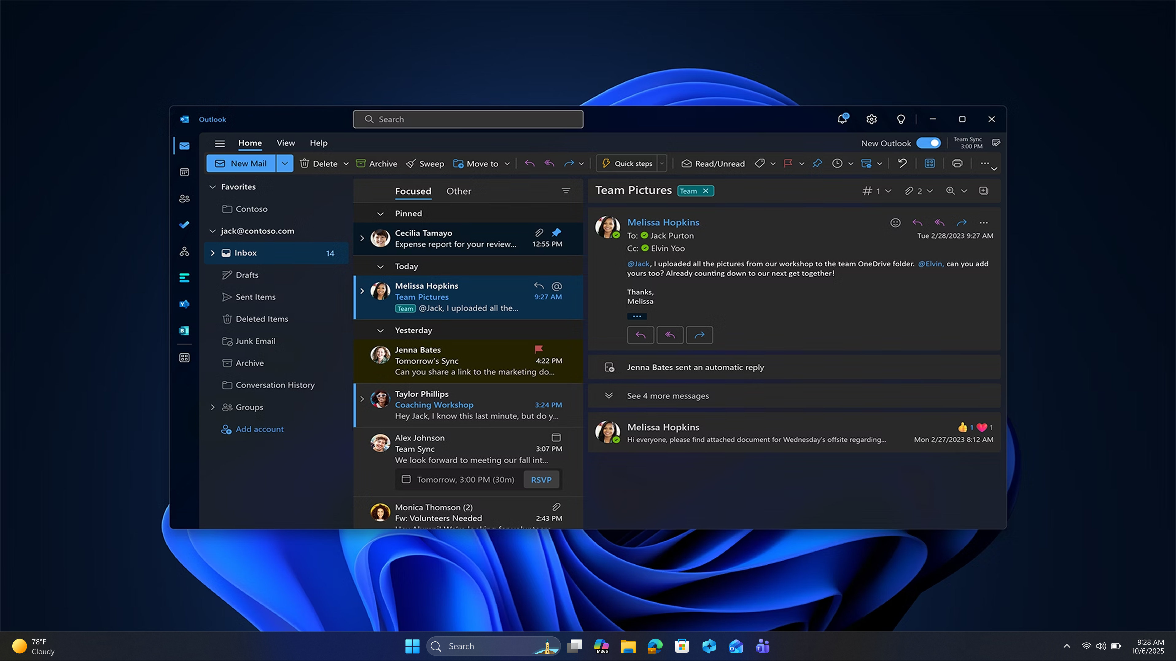 Una bandeja de entrada de Microsoft Outlook en modo oscuro abierta sobre un fondo de escritorio oscuro de Windows