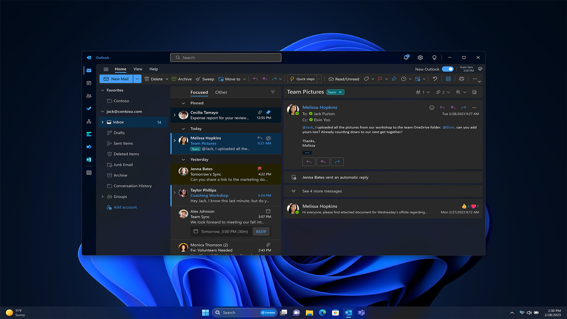 A Microsoft Outlook inbox in dark mode open on a Windows dark desktop background