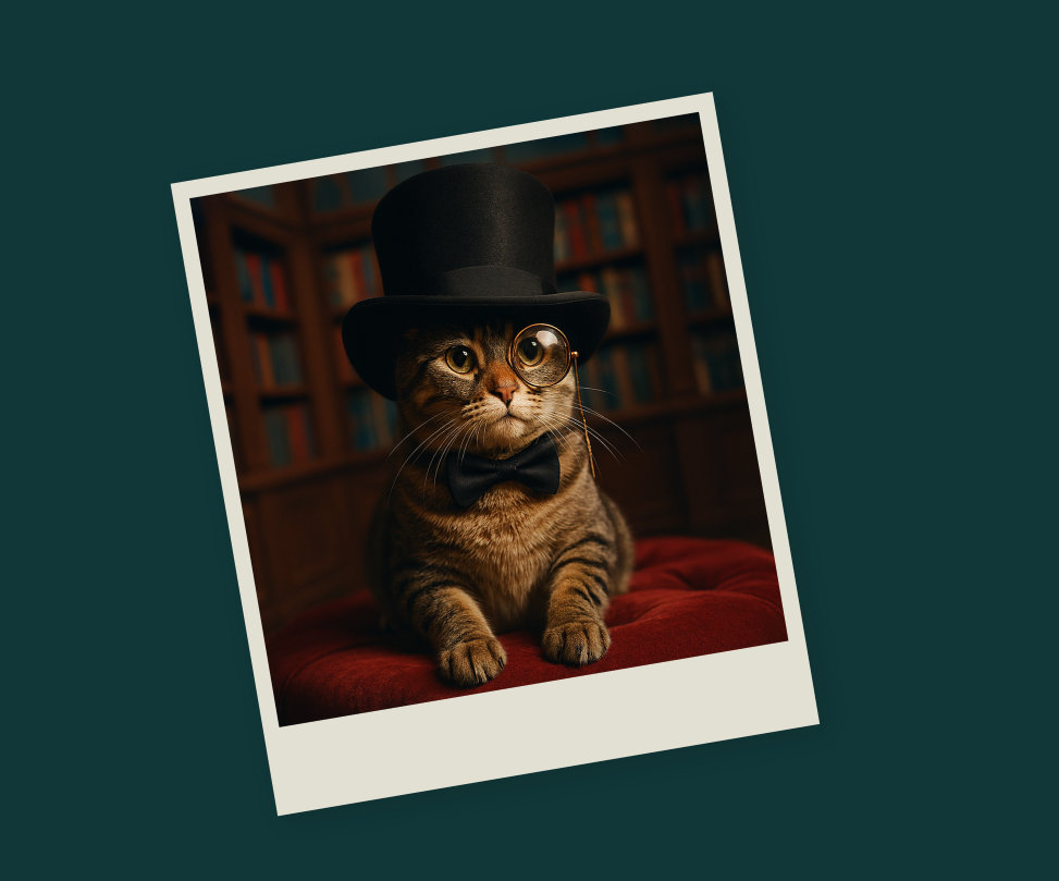 Top Hat cat on a velvet pillow polaroid picture